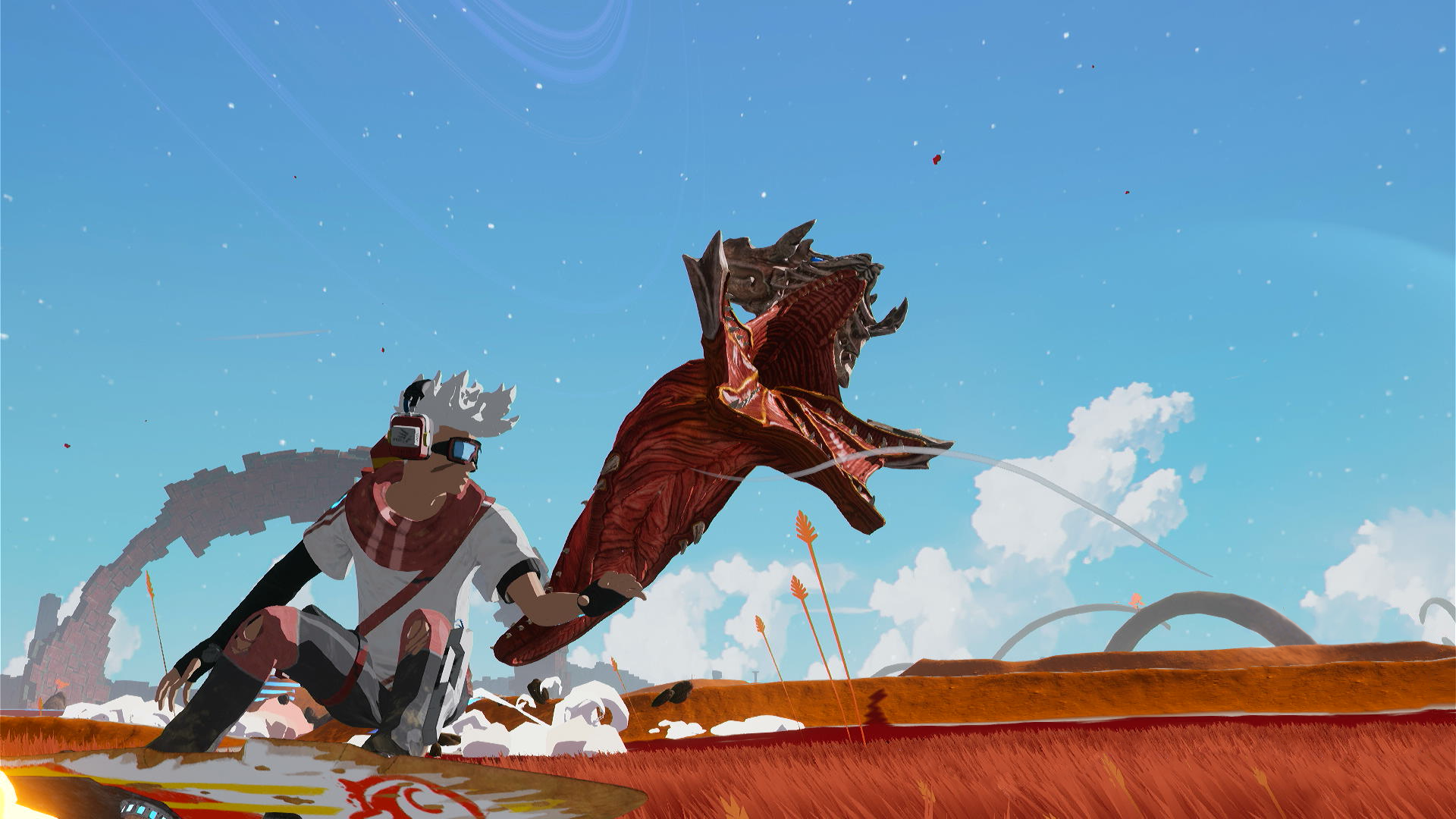 Character on a hoverboard facing an alien creature in Star Overdrive