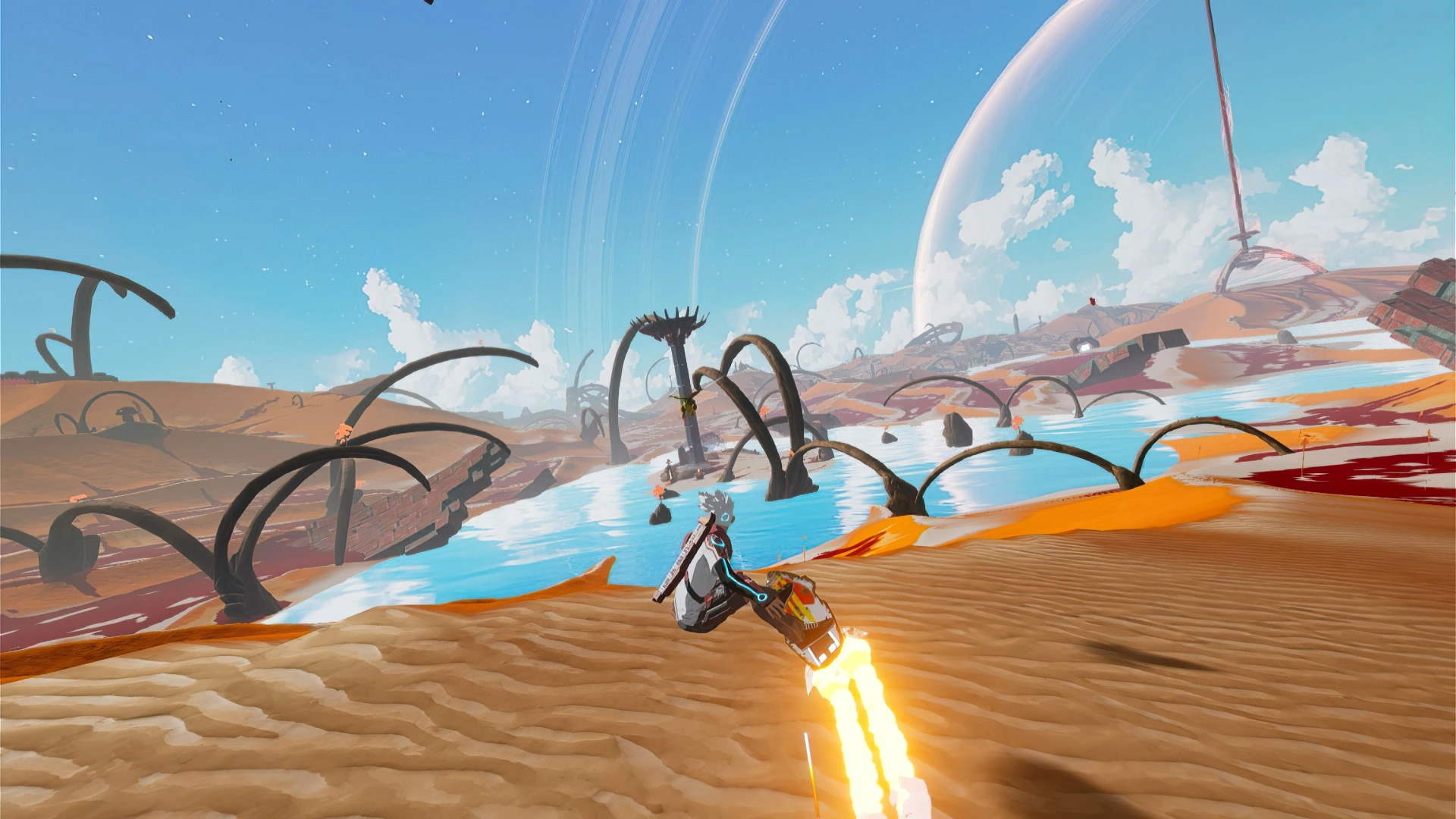 Character riding a high-speed hoverboard in Star Overdrive